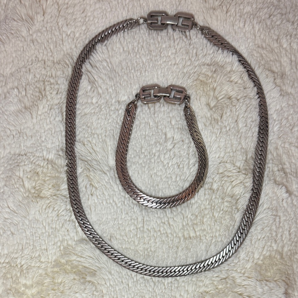 Vintage Givenchy Silver Herringbone Necklace and Bracelet Set